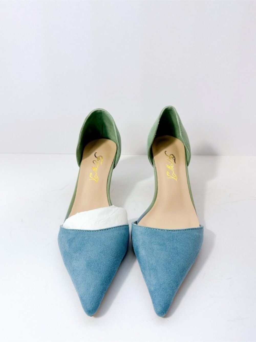 Size 7.5 Colorblock D’Orsay Kitten Heels Blue & Green Suede Pointed Toe Pumps